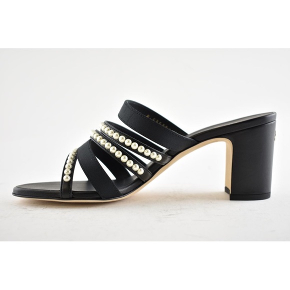 Chanel 20P Black White Pearl Strap CC Logo Slide Slip Sandal Mule Block Heel 38 - Picture 1 of 13